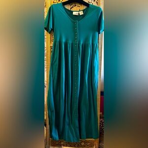 Liz Claiborne Buttoned down Maxi Dress Round Neckline Short sleeves cotton teal